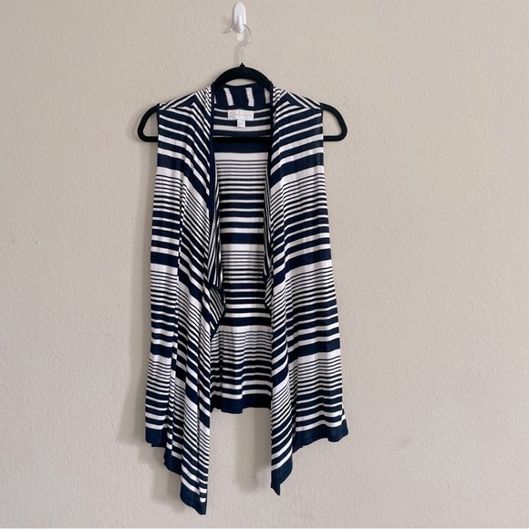 New York & Company woman's draped down open front cardigan size L striped navy - Picture 1 of 8